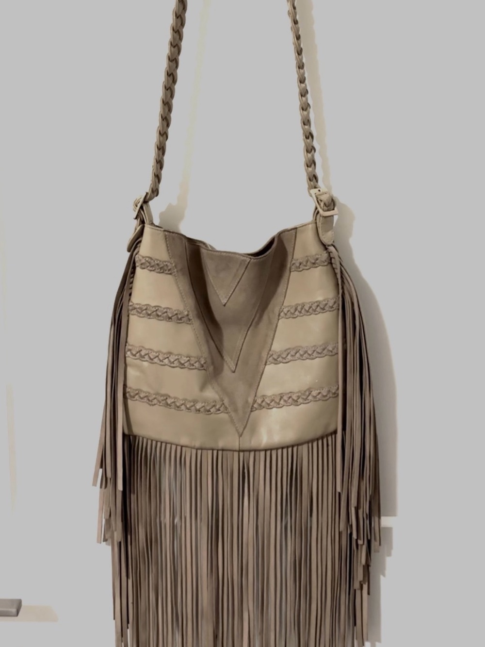 Ember Skye Suede Fringed Creamy Taupe Shoulder Bag with Braided Accent